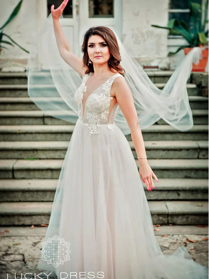 Custom wedding dress glitter Tailored wedding dress tulle Bespoke wedding dress A line Deep V wedding dress champagne Lace dress / Gabriela