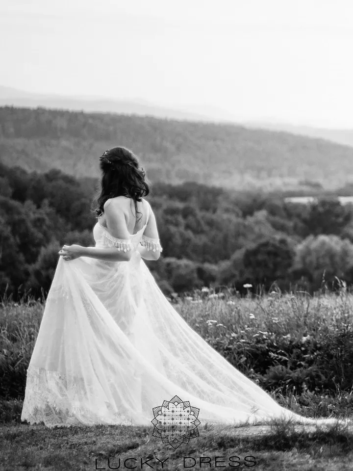 Custom wedding dress off the shoulder Tailored wedding dress boho Bespoke wedding dress star Bohemian wedding dress lace Beach / Beverly
