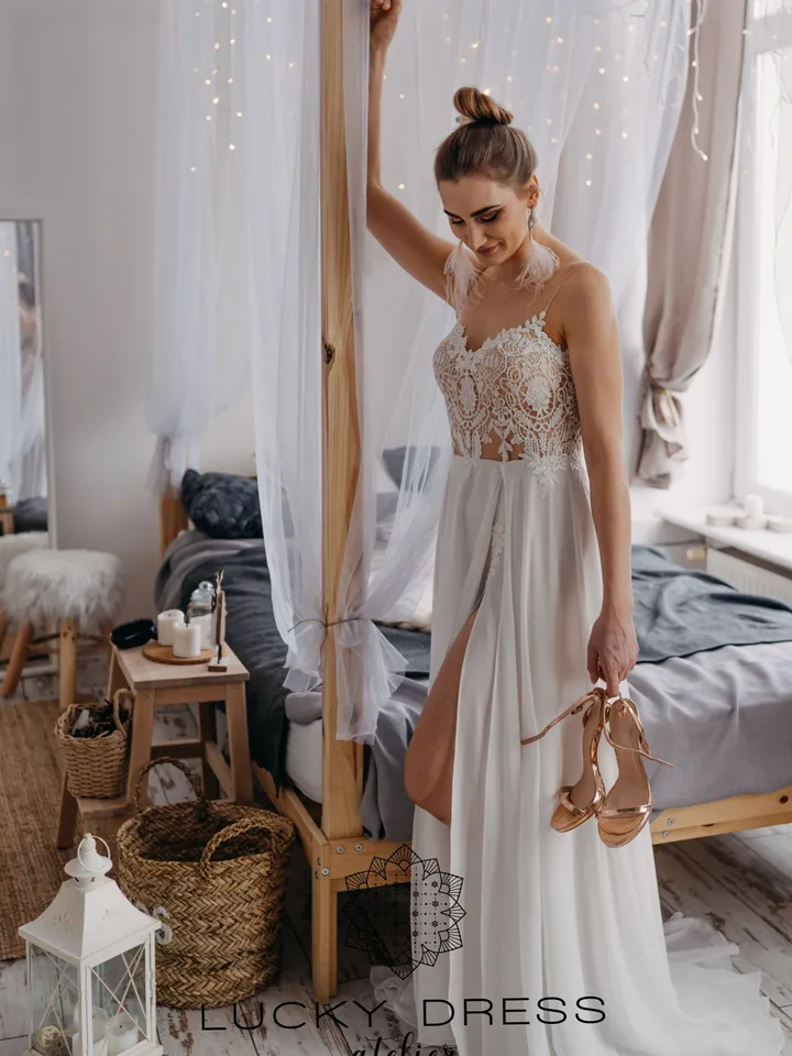 Elopement wedding dress courthouse Spaghetti strap wedding dress geometric lace Flowy wedding dress sexy Slit wedding dress / Dorothy III