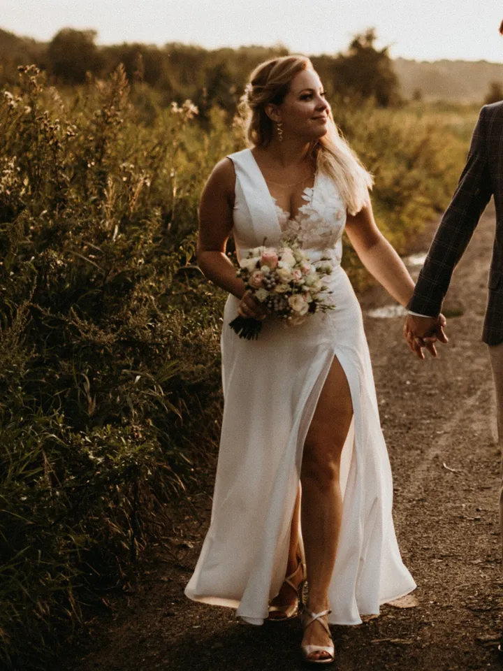 Custom wedding dress plus size Floral wedding dress flowy Gold wedding dress lace appliques Sheath wedding dress tailored Slit dress / Magda