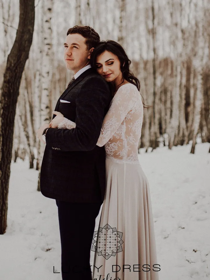 Boho wedding dress long sleeve Hippie wedding dress lace Bohemian wedding dress nude  Tailored wedding dress flowy Bespoke dress / Olympia