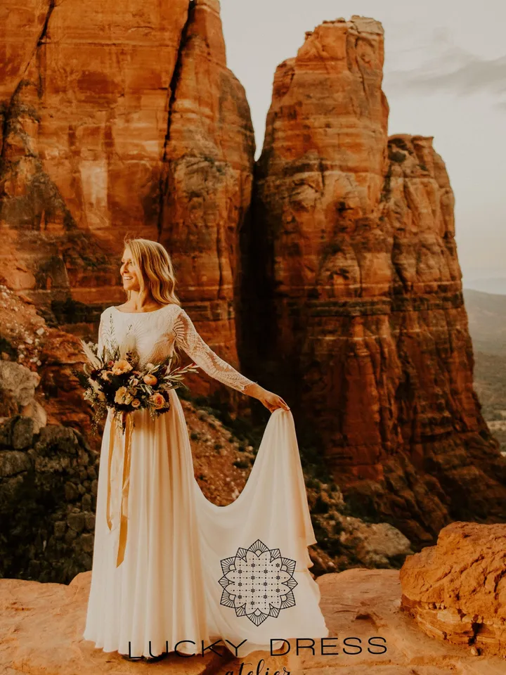 Boho wedding dress Lace wedding dress Long sleeve wedding dress Geometric lace wedding dress Backless wedding dress Garden wedding dress/Mel