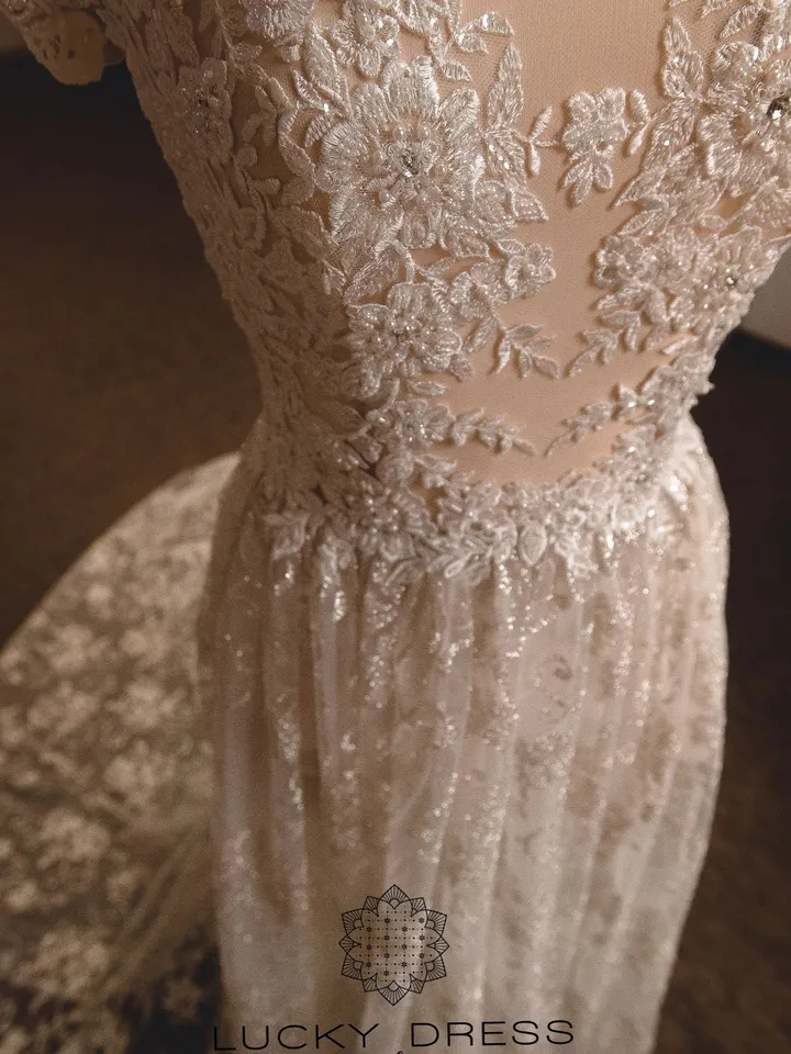 Lace wedding dress floral Glitter wedding dress gold Flowy wedding dress off the shoulder Custom wedding dress two piece Tailored dress /Ali