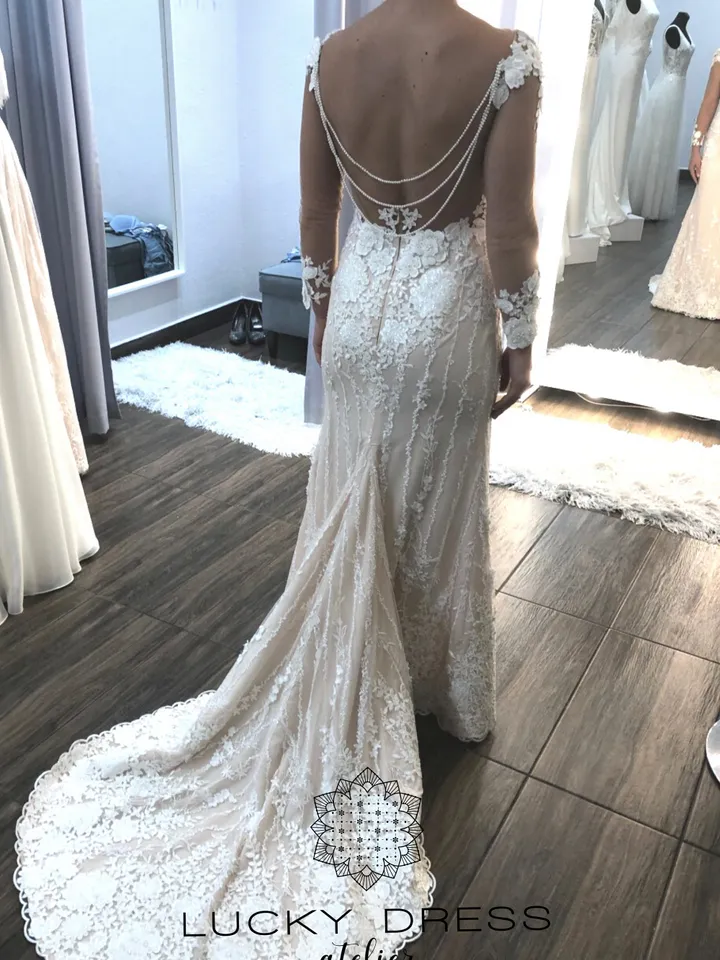 Lace wedding dress floral 3d wedding dress mermaid Long sleeve wedding dress custom Plunge wedding dress tailored Illusion dress / Joana