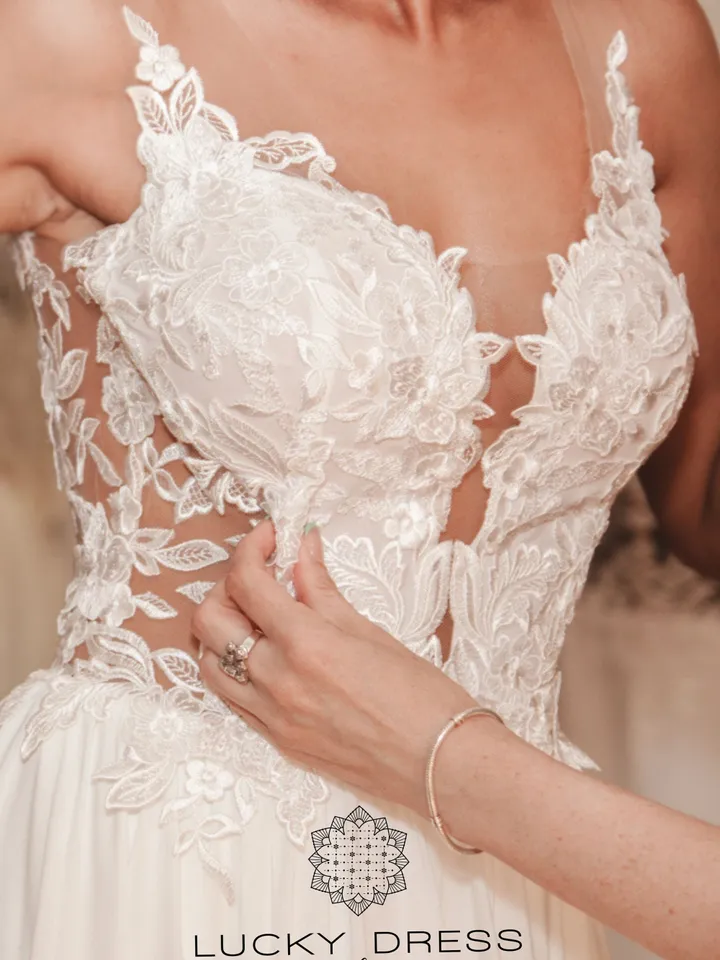 Custom wedding dress illusion Lace wedding dress tailored Chiffon wedding dress courthouse Bespoke wedding dress elopement Floral /Neelowfer