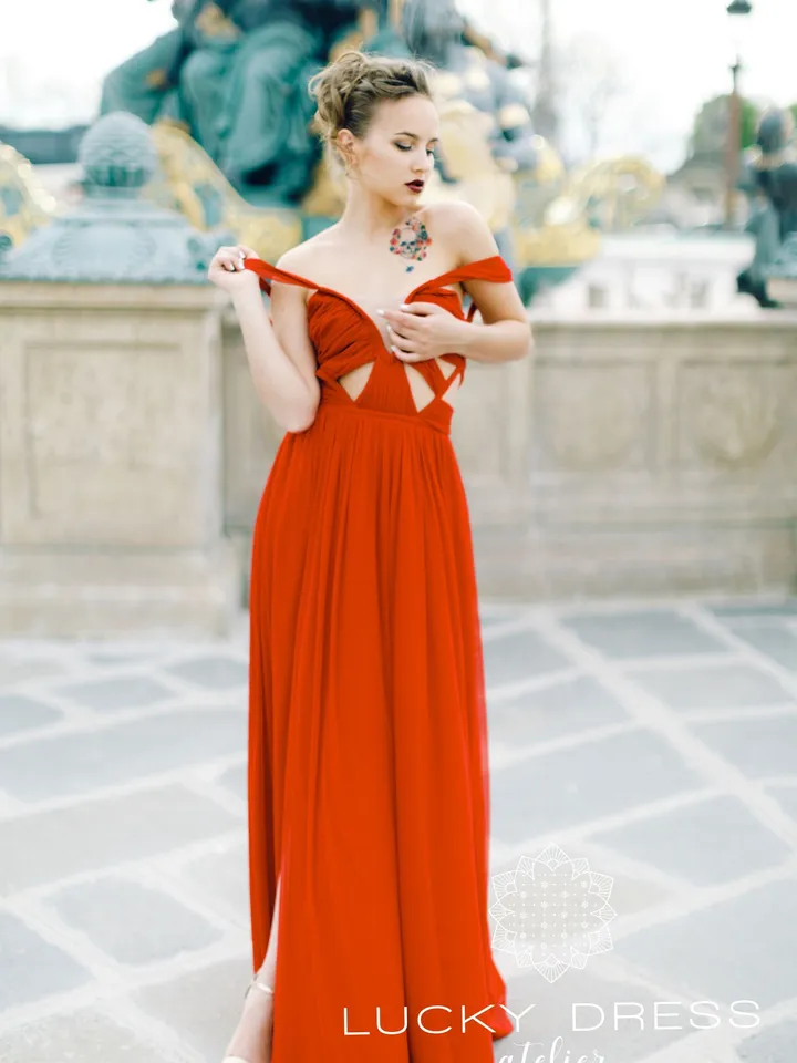 Bridesmaid dress red Mother of the bride dress goddess Wedding guest dress slit Bespoke dress Formal gown deep V Fit and flare dress/Roksana