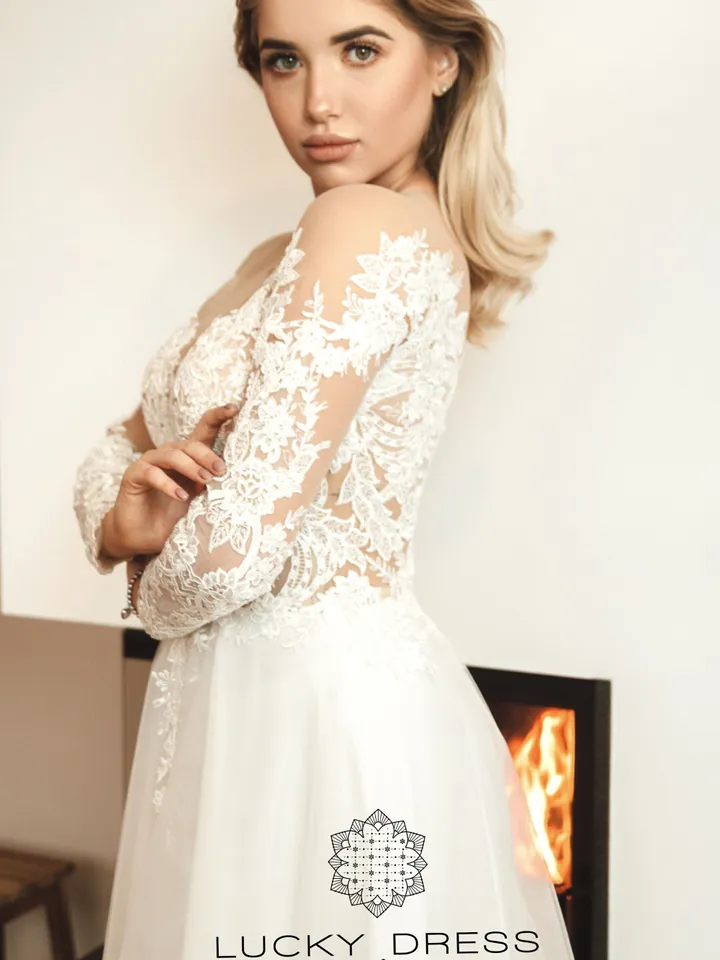 Ready to ship wedding dress US 4 / Long sleeve wedding dress A line wedding dress Tattoo wedding dress Lace wedding dress Tulle dress/Daria