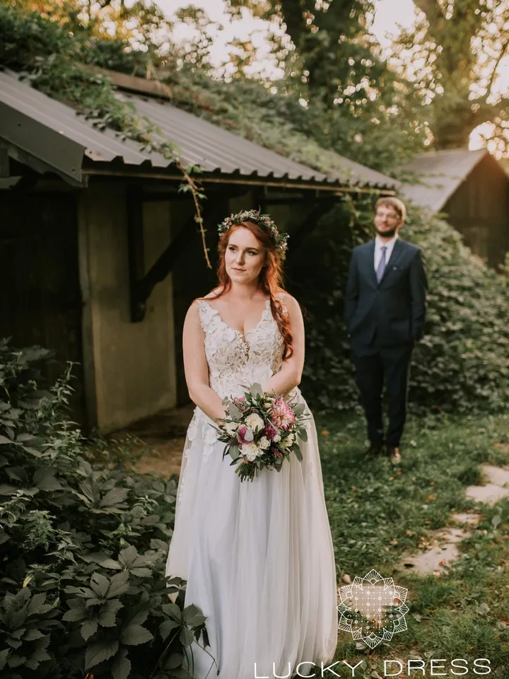 Plus size wedding dress boho Tulle wedding dress blue Lace wedding dress 3d A line wedding dress custom Floral wedding dress tailored / Kate