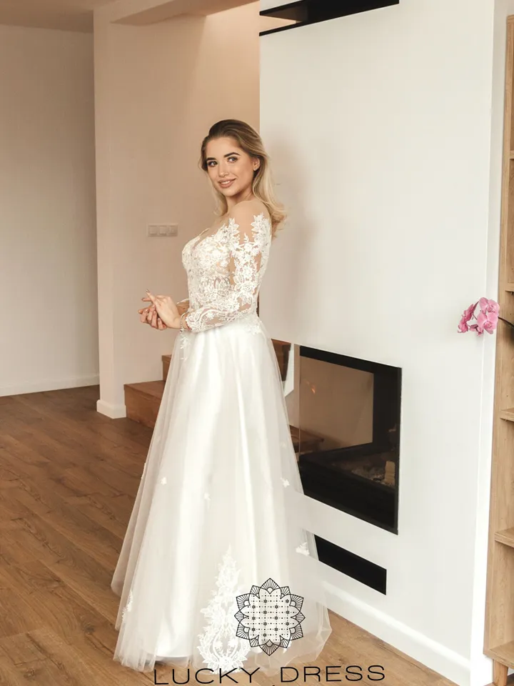 Ready to ship wedding dress US 4 / Long sleeve wedding dress A line wedding dress Tattoo wedding dress Lace wedding dress Tulle dress/Daria