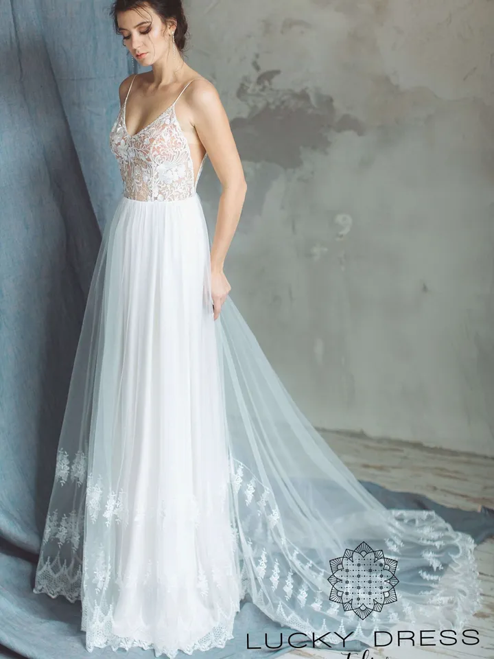 Simple wedding dress courthouse Spaghetti strap wedding dress champagne Minimalist wedding dress boho Lace wedding dress tulle Custom/Gliese