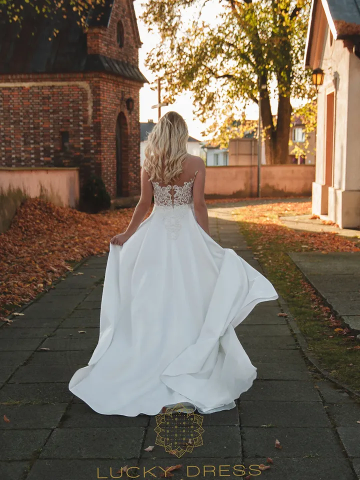 Lace wedding dress flowy Boho winter wedding dress Satin wedding dress Custom wedding dress geometric lace Illusion / Blanka