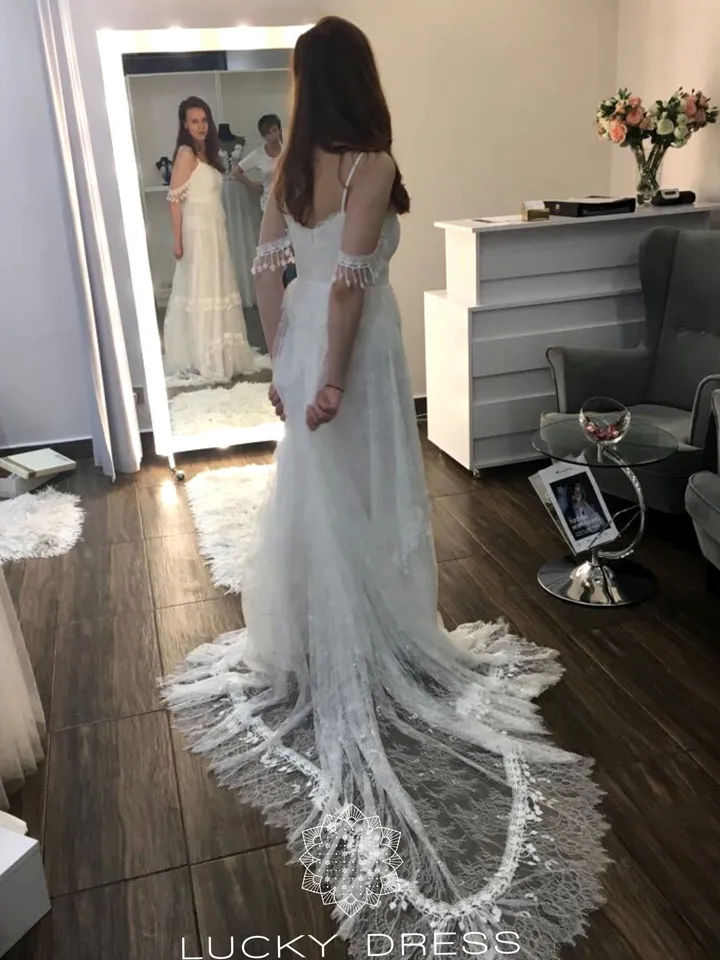 Custom wedding dress off the shoulder Tailored wedding dress boho Bespoke wedding dress star Bohemian wedding dress lace Beach / Beverly