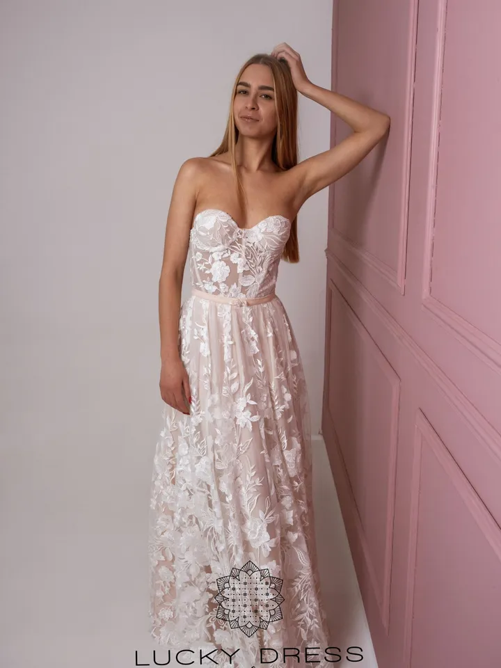 Custom wedding dress blush Corset wedding dress tailored Lace wedding dress bespoke Illusion wedding dress floral Courthouse dress / Sara