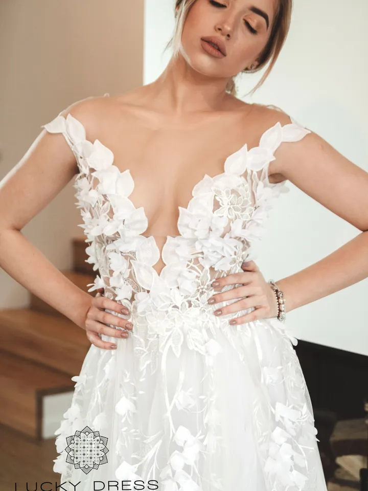 Short sleeves wedding dress A line wedding dress flowy Floral wedding dress 3d flowers Wedding dress off the shoulder with train / Adelaida