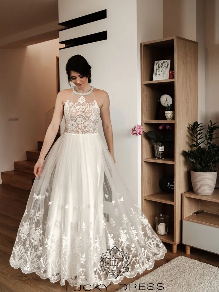 Lace wedding dress floral Embroidered wedding dress beaded Halter wedding dress boho Tulle wedding dress pearl Haute couture dress / Olga