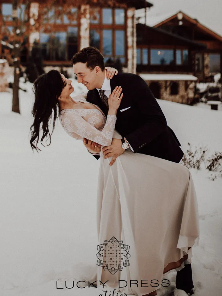 Boho wedding dress long sleeve Hippie wedding dress lace Bohemian wedding dress nude  Tailored wedding dress flowy Bespoke dress / Olympia