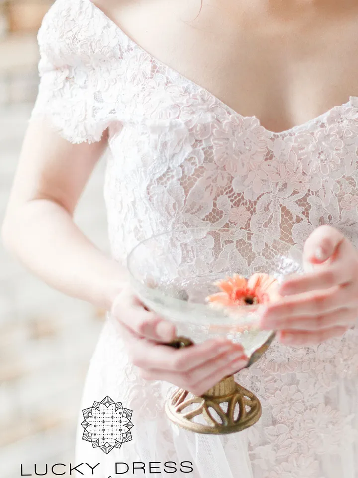 Lace wedding dress floral Short wedding dress high low Pink wedding dress off the shoulder Custom wedding dress flowy Bespoke dress / Agapia