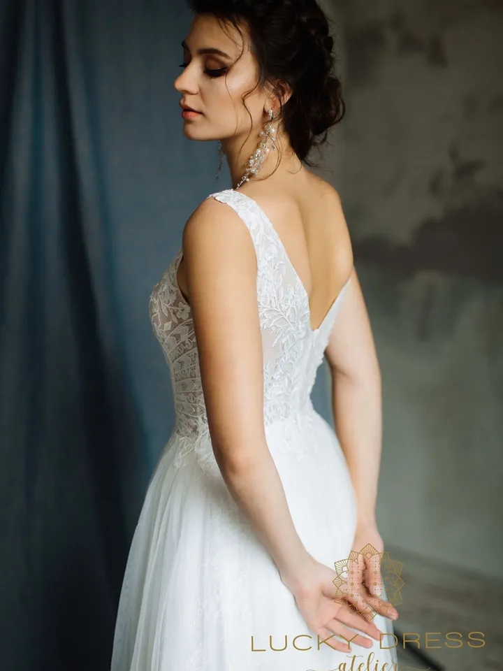 Lace wedding dress Sequin wedding dress A line Wedding dress v neck Geometric wedding dress Rustic wedding dress Flowy wedding dress / Vassa