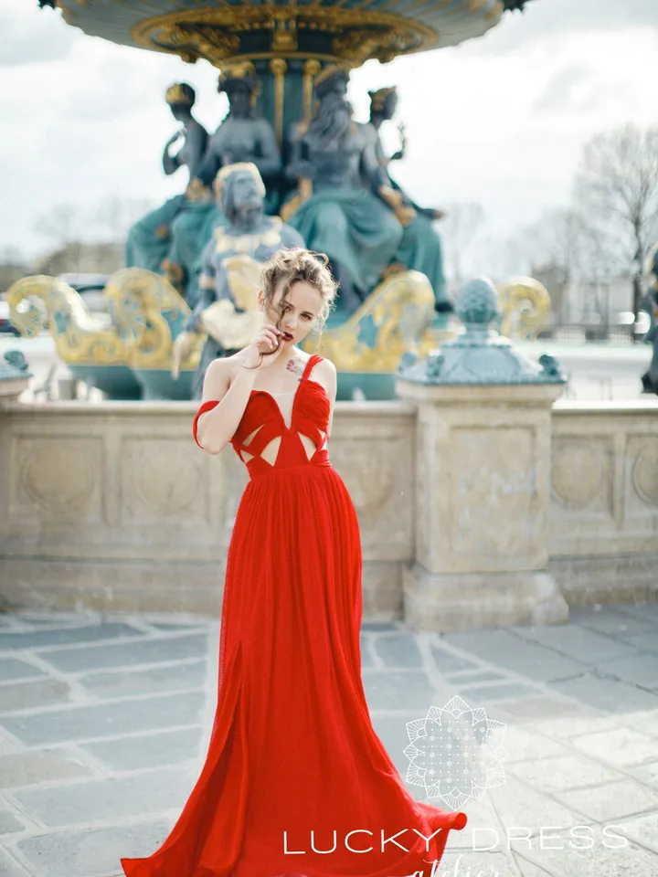 Simple wedding dress red Courthouse wedding dress goddess Minimalist wedding dress tulle Garden wedding dress custom Slit dress / Roksana