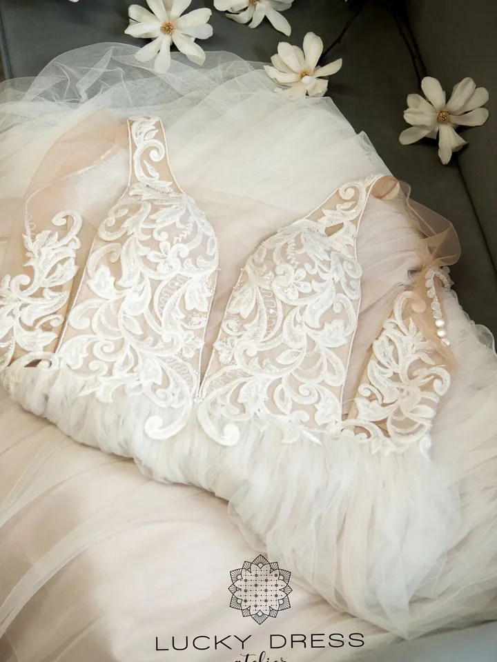 Rustic wedding dress blush Barn wedding dress tulle Garden wedding dress lace A line wedding dress deep v Custom wedding dress / Cynthia