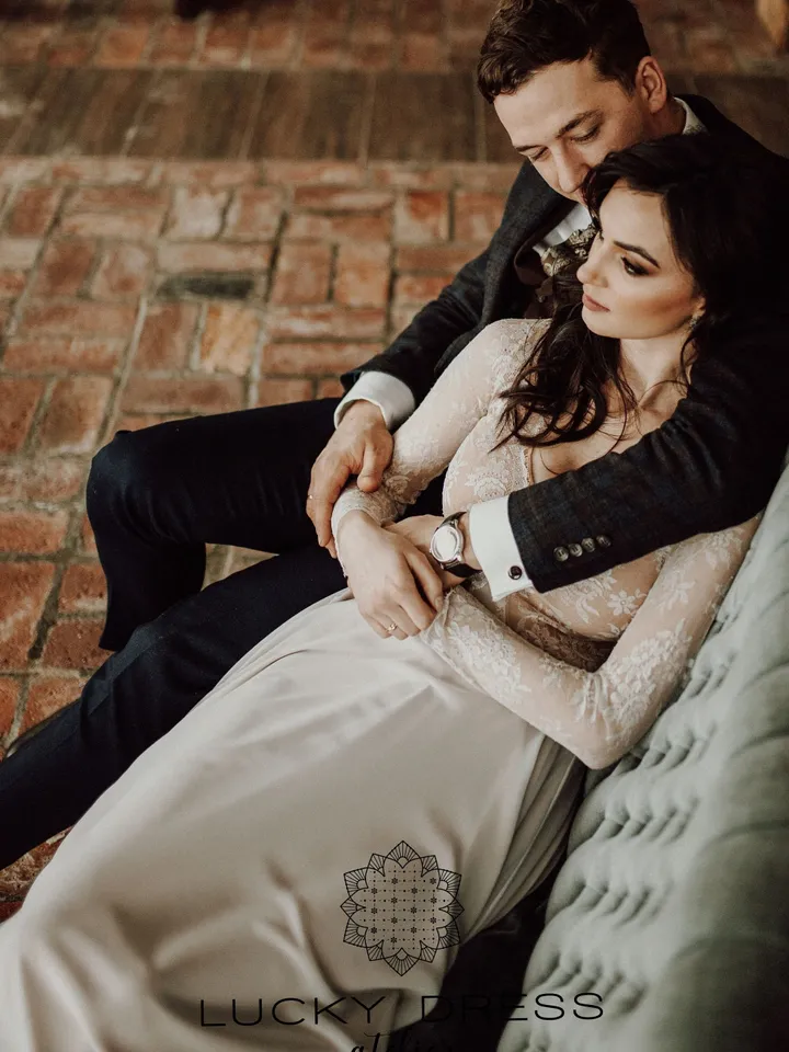 Boho wedding dress long sleeve Hippie wedding dress lace Bohemian wedding dress nude  Tailored wedding dress flowy Bespoke dress / Olympia