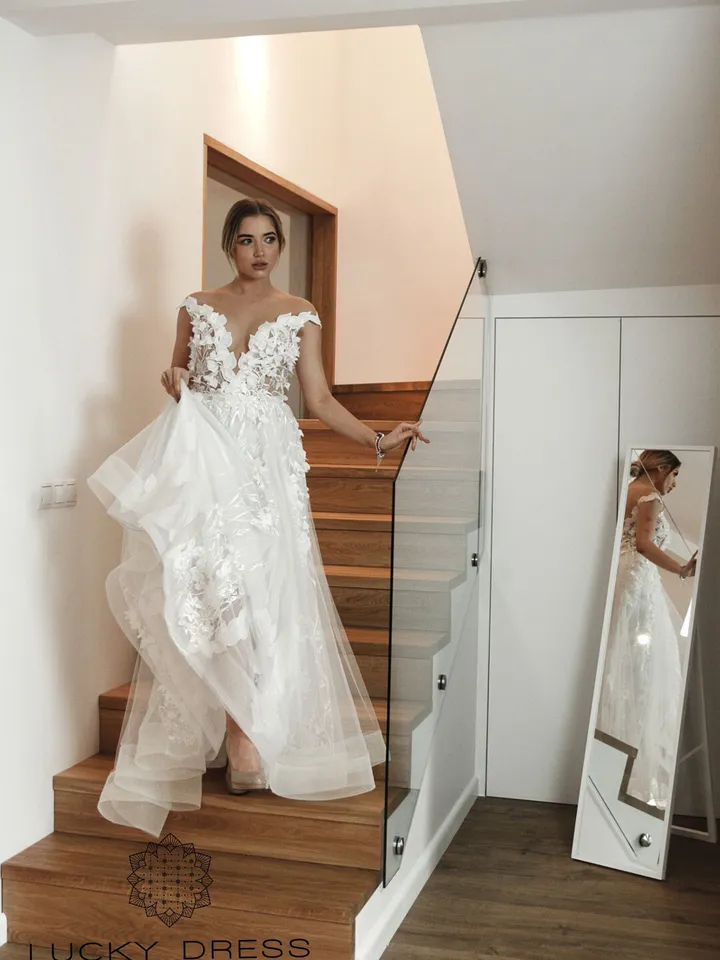 Short sleeves wedding dress A line wedding dress flowy Floral wedding dress 3d flowers Wedding dress off the shoulder with train / Adelaida