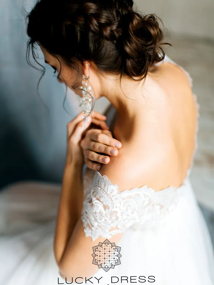 Ready to ship wedding dress US 4 / Short sleeves wedding dress A line Lace wedding dress slit Tulle wedding dress sexy Courthouse / Stella