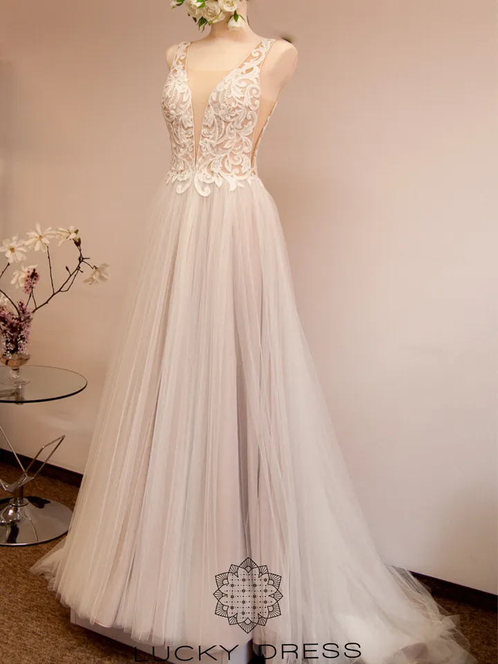 Custom wedding dress blush Backless wedding dress bespoke Flowy wedding dress tailored Ball gown A line wedding dress summer Lace / Cynthia