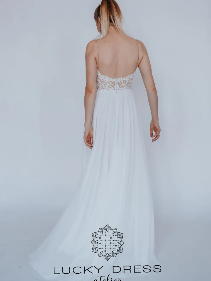 Elopement wedding dress courthouse Spaghetti strap wedding dress geometric lace Flowy wedding dress sexy Slit wedding dress / Dorothy III
