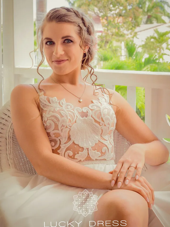 Lace wedding dress polka dot Beach wedding dress beaded Criss cross wedding dress flowy Custom wedding dress slit Straps dress / Shelly