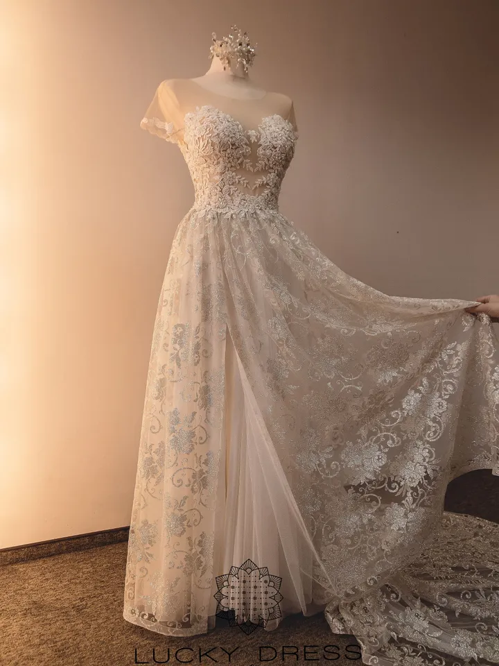 Boho wedding dress glitter Hippie wedding dress gold Bohemian wedding dress two piece Sexy wedding dress bespoke Off the shoulder dress /Ali