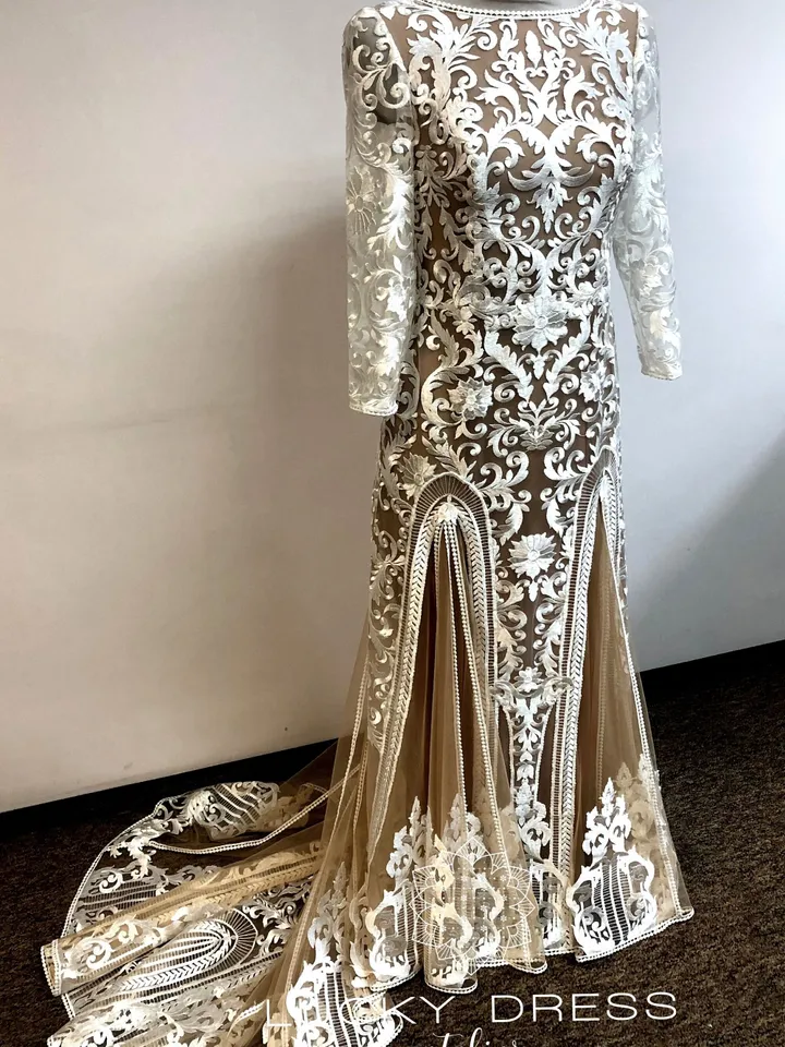 Custom wedding dress long sleeve Illusion wedding dress nude Geometric wedding dress boho Lace wedding dress / Jessica