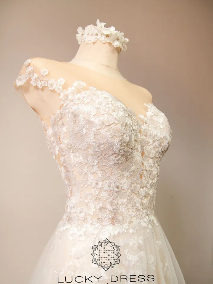 Lace wedding dress Plunge wedding dress Off the shoulder wedding dress Illusion wedding dress Champagne wedding dress Pearls dress / Charity