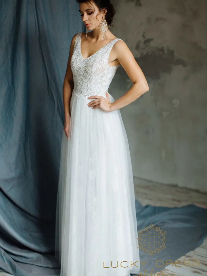 Lace wedding dress Sequin wedding dress A line Wedding dress v neck Geometric wedding dress Rustic wedding dress Flowy wedding dress / Vassa