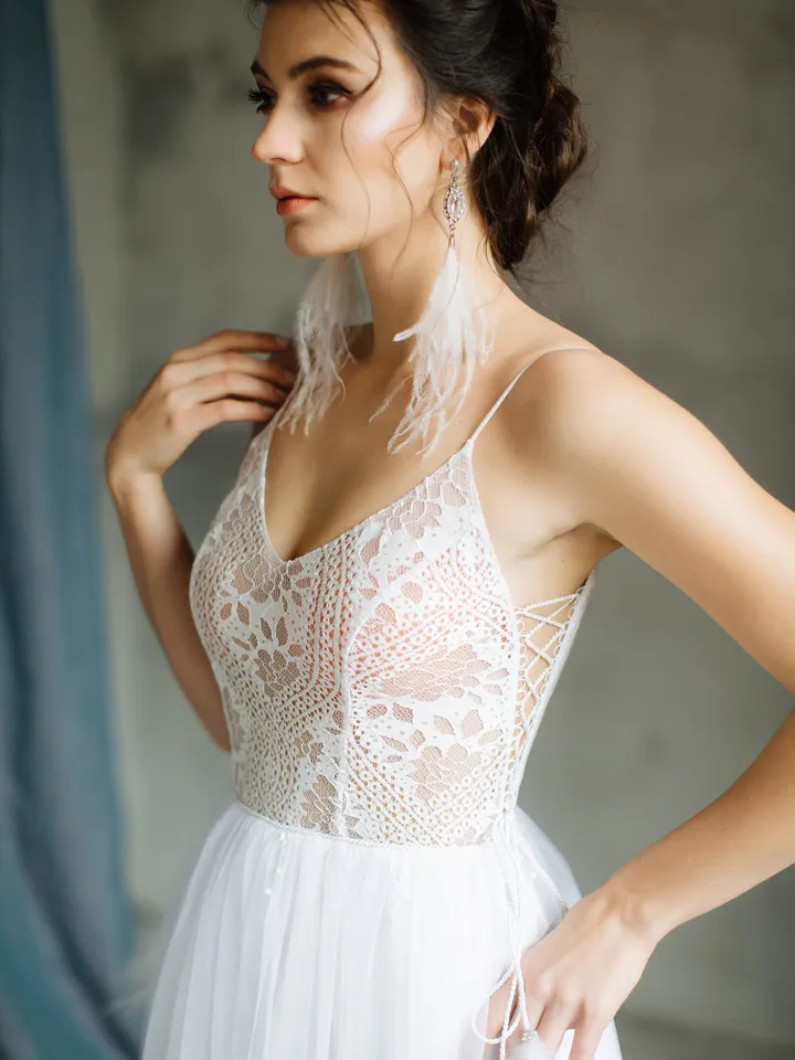 Boho wedding dress with cutouts Rustic wedding dress A-line Sexy wedding dress Swarovski Feathers bridal gown bohemian Lace wedding dress
