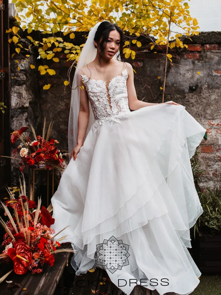 Organza wedding dress flowy Bridal gown illusion Lace wedding dress layered Floral wedding dress custom Ecru wedding dress bespoke / Kaya