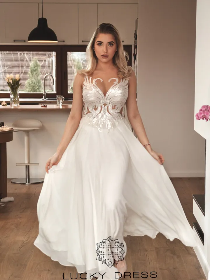 Ready to ship wedding dress US 4 / Silk wedding dress Sequin wedding dress Backless wedding dress Sexy wedding dress Courthouse / Catrice