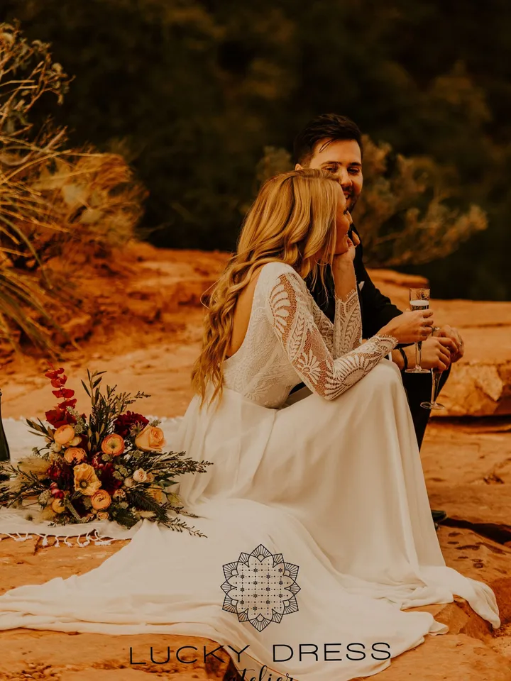 Boho wedding dress Lace wedding dress Long sleeve wedding dress Geometric lace wedding dress Backless wedding dress Garden wedding dress/Mel