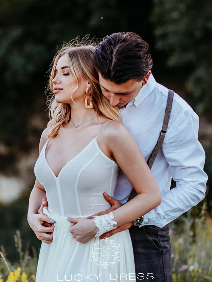 Courthouse wedding dress minimalist Bridal gown Boho wedding dress beach Flowy wedding dress custom Spaghetti straps wedding dress/Miriam II
