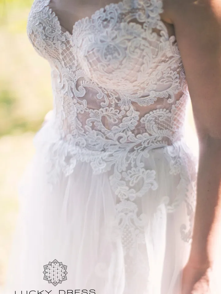 Rustic wedding dress Corset wedding dress Flowy wedding dress Geometric lace wedding dress Illusion wedding dress Garden wedding dress /Anna