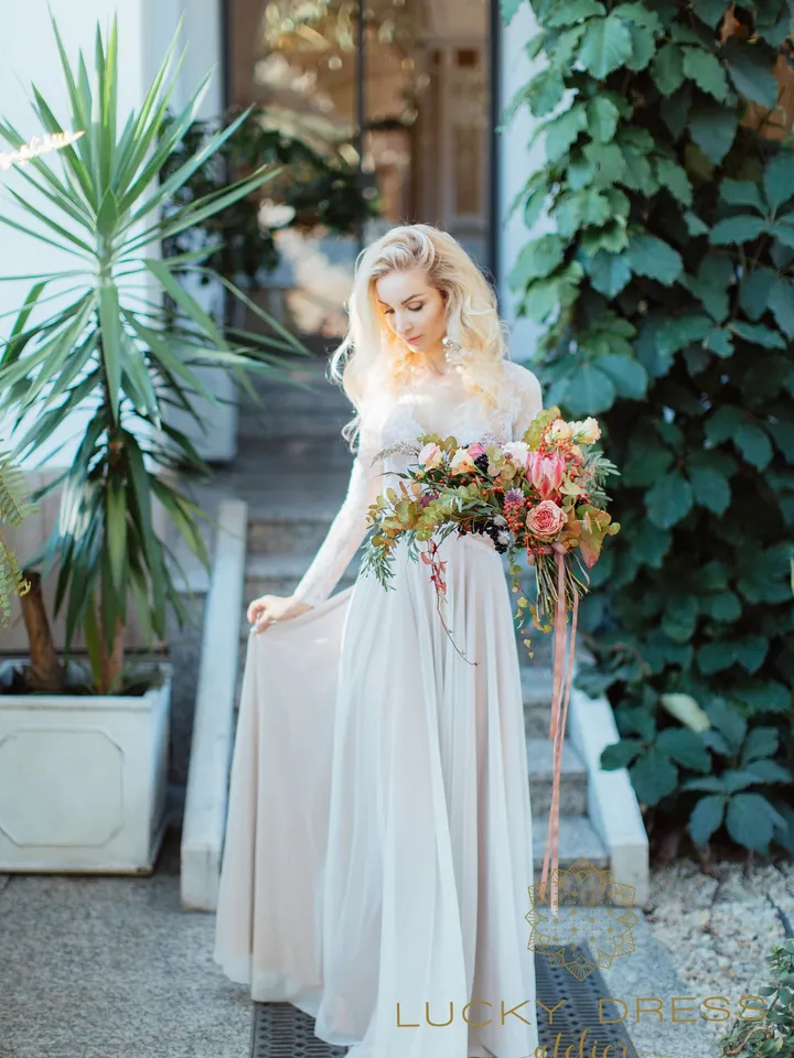 Long sleeve wedding dress lace Bridal gown Elven wedding dress winter Boho wedding dress floral Nude wedding dress flowy Custom / Olympia