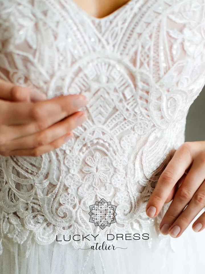 Lace wedding dress Sequin wedding dress A line Wedding dress v neck Geometric wedding dress Rustic wedding dress Flowy wedding dress / Vassa