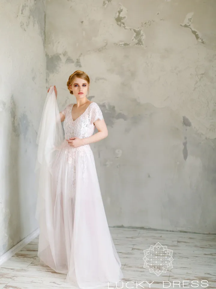 Lace wedding dress floral Short wedding dress high low Pink wedding dress off the shoulder Custom wedding dress flowy Bespoke dress / Agapia