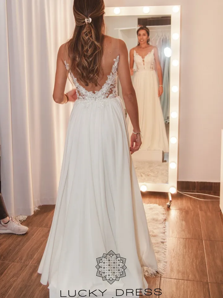 Lace wedding dress floral Illusion wedding dress flowy Sexy wedding dress custom Chiffon wedding dress tailored Courthouse dress / Neelowfer