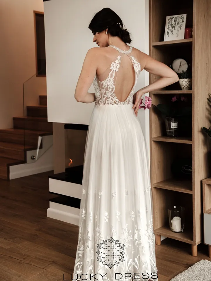 Lace wedding dress floral Embroidered wedding dress beaded Halter wedding dress boho Tulle wedding dress pearl Haute couture dress / Olga