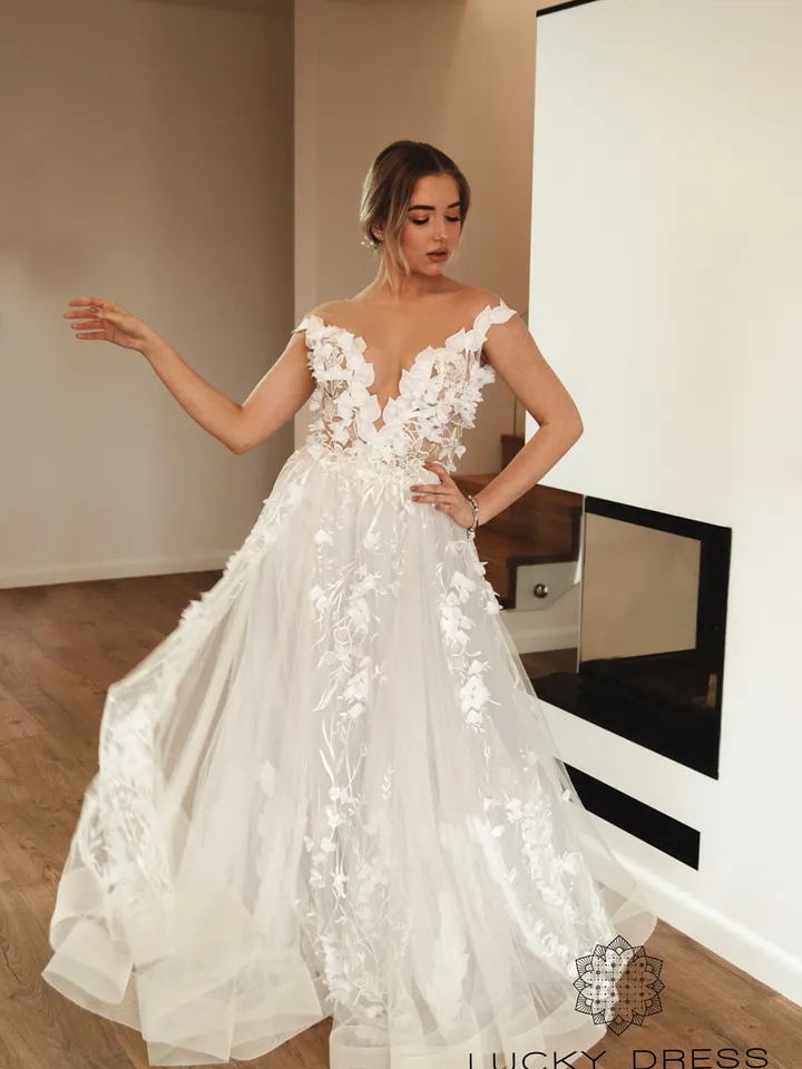 Short sleeves wedding dress A line wedding dress flowy Floral wedding dress 3d flowers Wedding dress off the shoulder with train / Adelaida