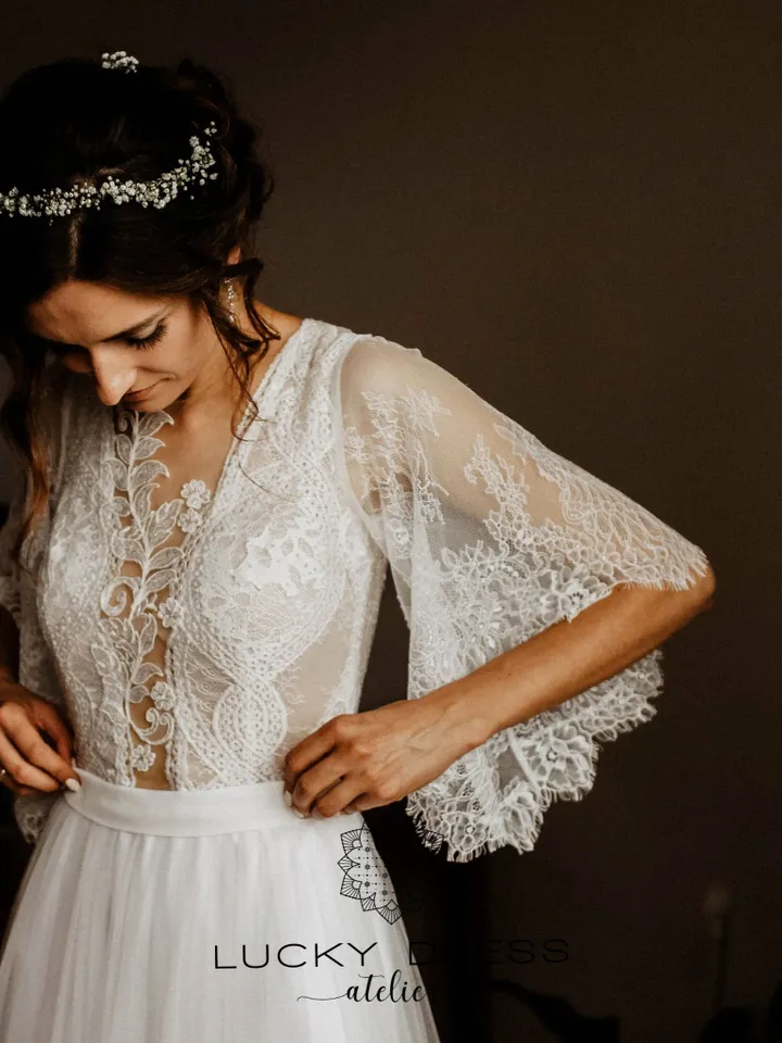 Rustic wedding dress Lace wedding dress Butterfly sleeves Backless wedding dress A line wedding dress Unique wedding dress Modest / Alice