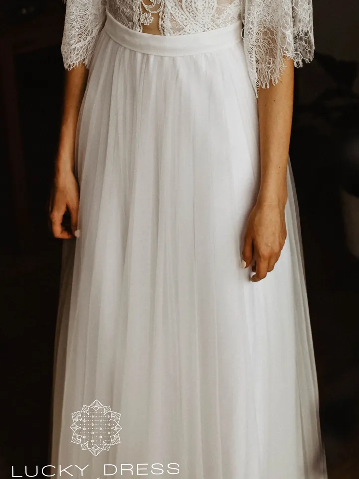Rustic wedding dress with butterfly sleeves A-line wedding dress off-white Custom wedding dress Plunge wedding dress open back Romantic gown