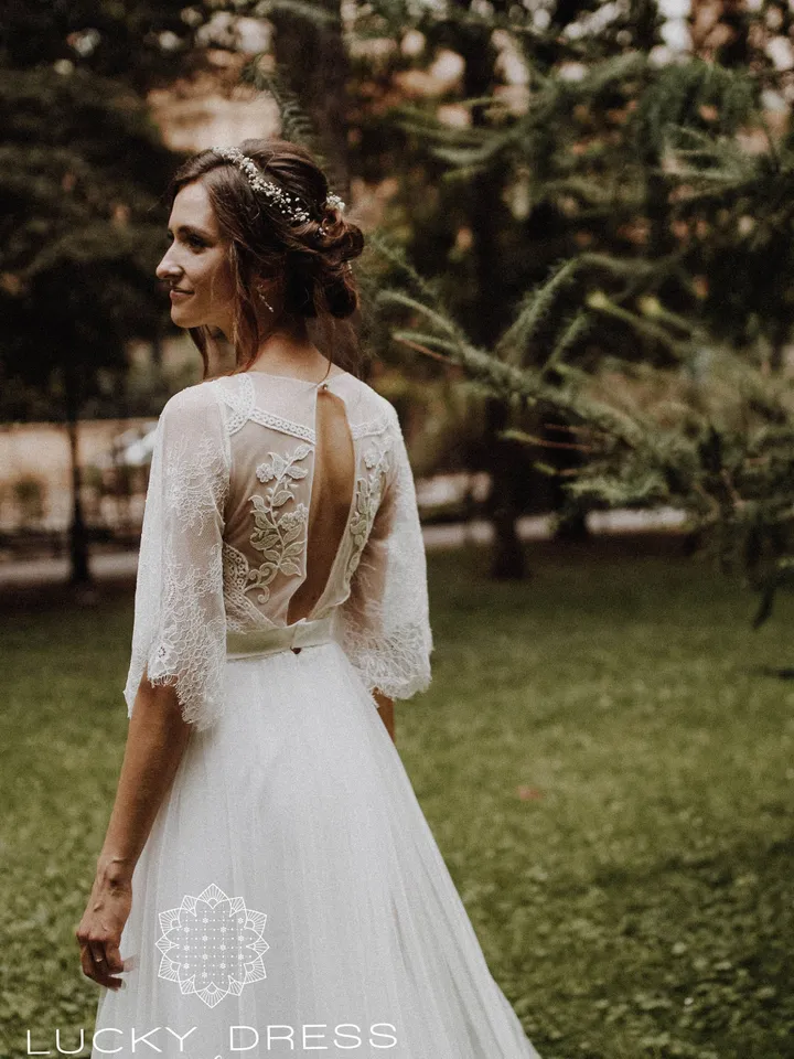 Rustic wedding dress with butterfly sleeves A-line wedding dress off-white Custom wedding dress Plunge wedding dress open back Romantic gown