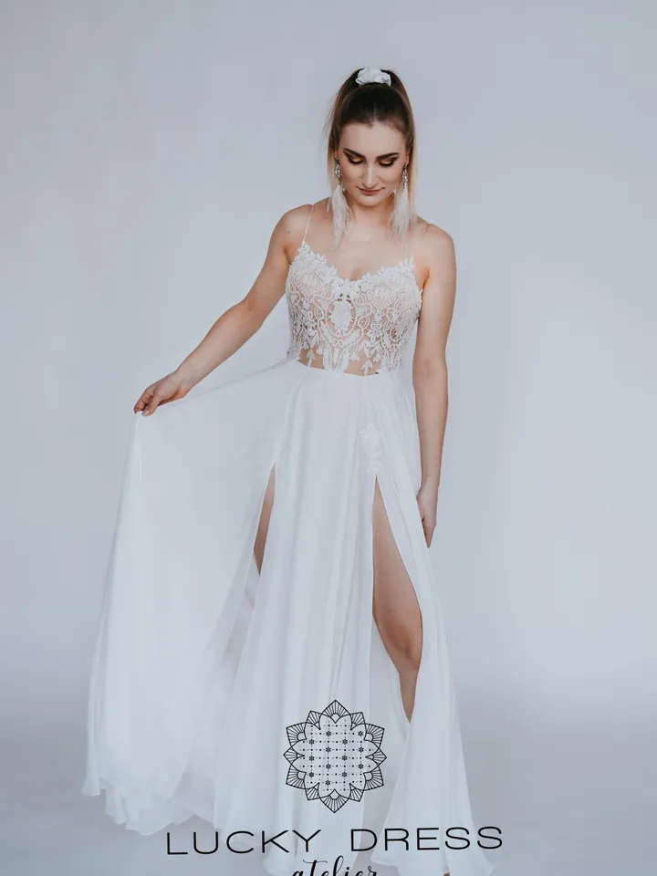 Elopement wedding dress courthouse Spaghetti strap wedding dress geometric lace Flowy wedding dress sexy Slit wedding dress / Dorothy III